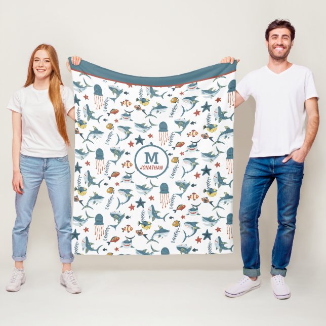 Sea Life Shark Dance Monogram Fleece Blanket (In Situ)