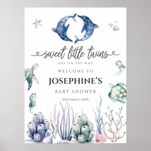 Sea Life Twins Baby Shower Welcome Poster (Front)