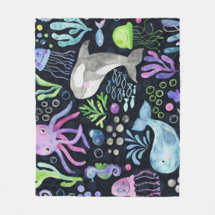 Sea life watercolor, dark background. fleece blanket