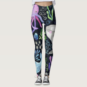 Sea life watercolor, dark background. leggings