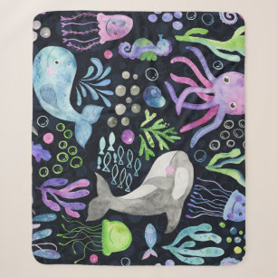 Sea life watercolor, dark background. sherpa blanket
