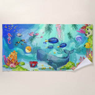 Sea life with Fish and Whale  Beach Towel