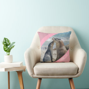 Sea Lion & Baby Pup Australia, Cute Pink Throw Pillow