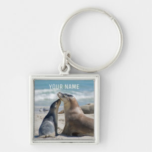 Sea Lion & Baby Pup Beach Close Up Portrait Keychain