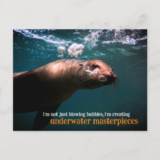 Sea lion blowing bubbles underwater holiday postcard