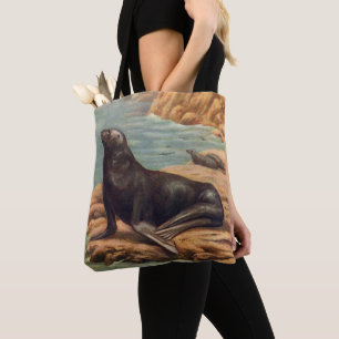 Sea Lion by the Seashore, Vintage Marine Mammals Tote Bag