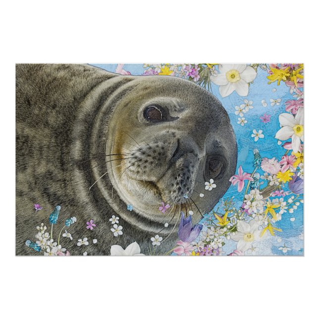 Sea Lion Swimming in Flowers Poster (Front)