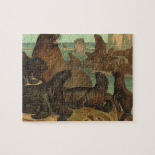 Sea Lions on the Beach, Vintage Marine Life Animal Jigsaw Puzzle