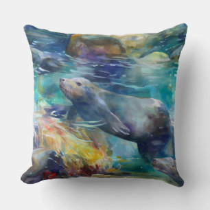 Sea Lions Swim in Teal Water Throw Pillow