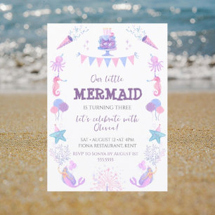 Sea Mermaid Purple Pink Girls Birthday Party  Invitation