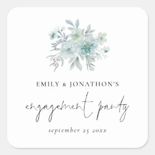 Sea Mist Teal Blue Florals Script Engagement Party Square Sticker