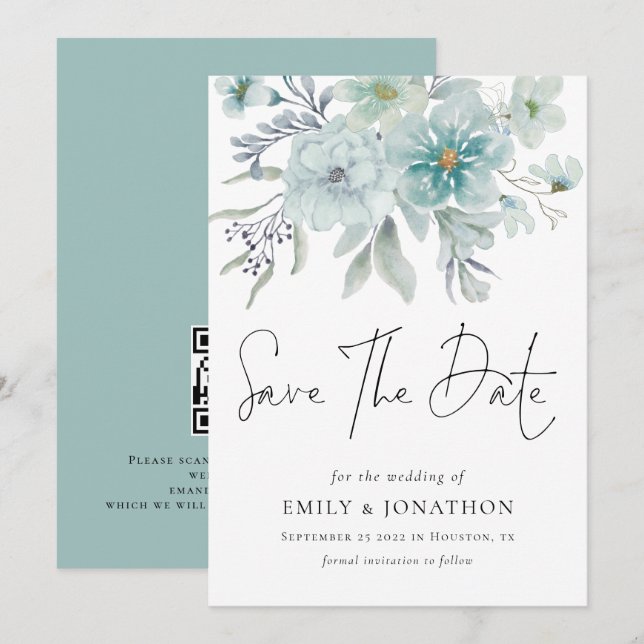 Sea Mist Teal Florals QR Code Wedding Save The Date (Front/Back)