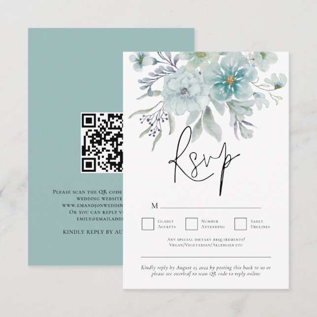 Sea Mist Teal White Florals QR Code Wedding  RSVP Card (Front/Back)