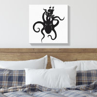 Sea Monster Black and White Kraken with Ship