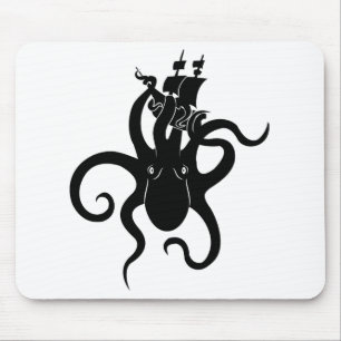 Sea Monster Black and White Kraken with Ship Mouse Pad