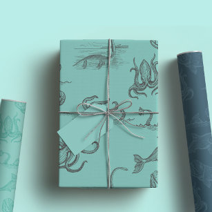 Sea Monster Line Art Navy & Haint Blue Wrapping Paper Sheet