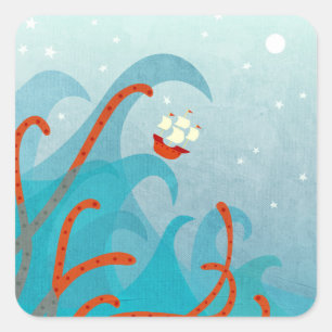 Sea Monster Sailing Boat Square Sticker
