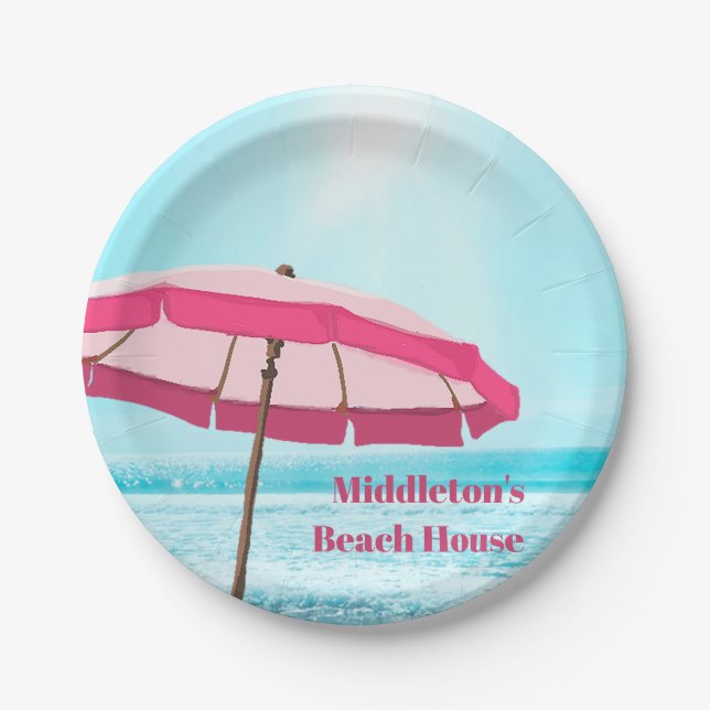 Sea Ocean Blue Summer Surf Pink Beach Umbrella Paper Plate (Front)