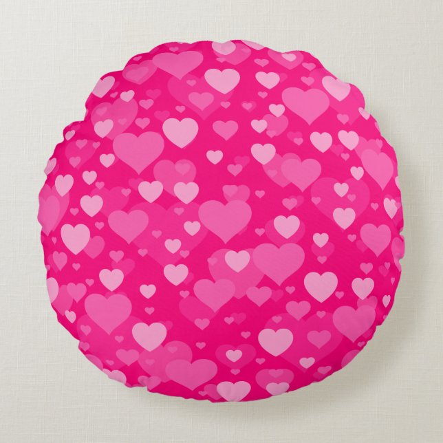 Sea of Hearts on Girly Pink Fuchsia Round Pillow (Front)