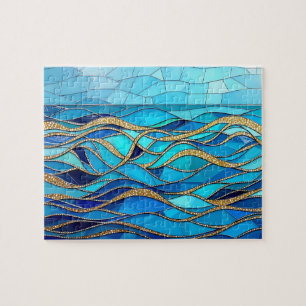 Sea of Waves Blue and Gold Mosaic Art Jigsaw Puzzle