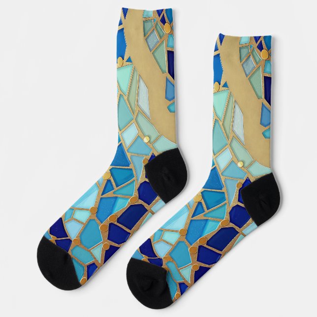 Sea of Waves Blue and Gold Mosaic Fine Art Socks (Left)