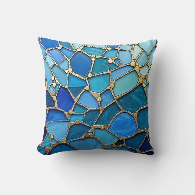 Sea of Waves Blue and Gold Mosaic Fine Art Throw Pillow (Front)