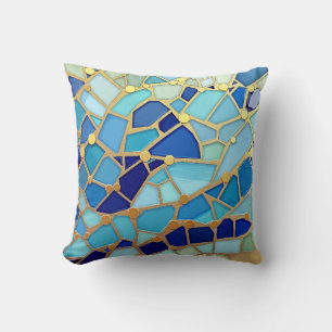 Sea of Waves Blue and Gold Mosaic Fine Art Throw Pillow