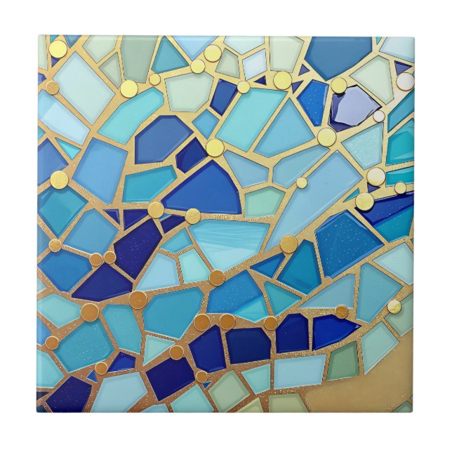 Sea of Waves Blue and Gold Mosaic Fine Art Tile (Front)