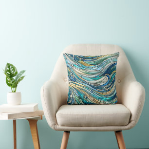 Sea of Waves Teal Mosaic Fine Art Throw Pillow