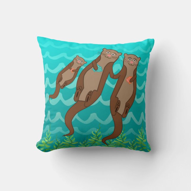 Sea Otter Family Throw Pillow (Front)
