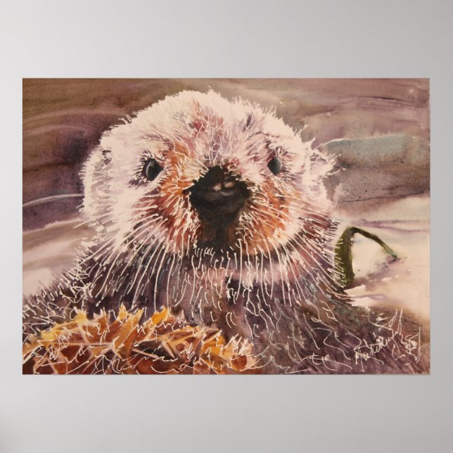 Sea Otter In Kelp Watercolor Artwork Canvas Print (Front)