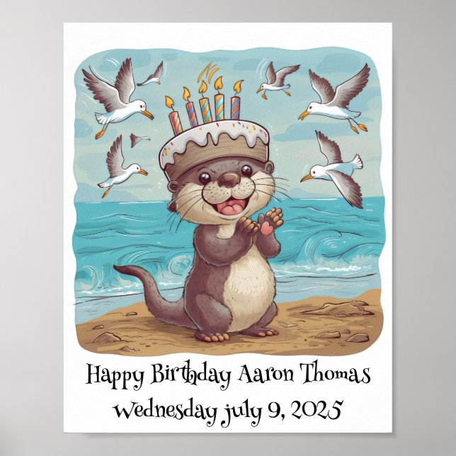 sea otter wearing cake birthday hat clapping poster (Front)