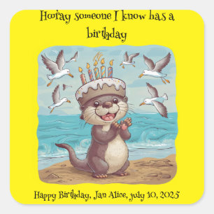 sea otter wearing cake birthday hat clapping square sticker