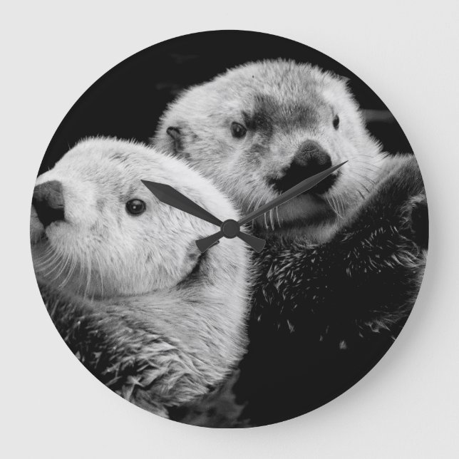 Sea Otters: Black White Pair. Large Clock (Front)