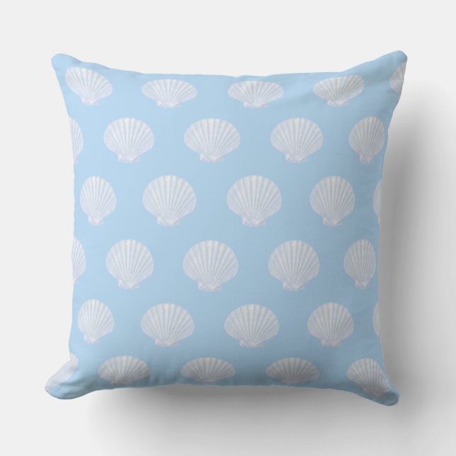 Sea oyster blue shell pattern on sky blue throw pillow (Front)