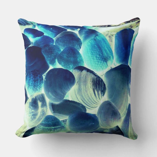 Sea oyster shell, colours changed to blue throw pillow (Front)