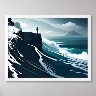 sea painting big wave storm dark night cliff beach poster