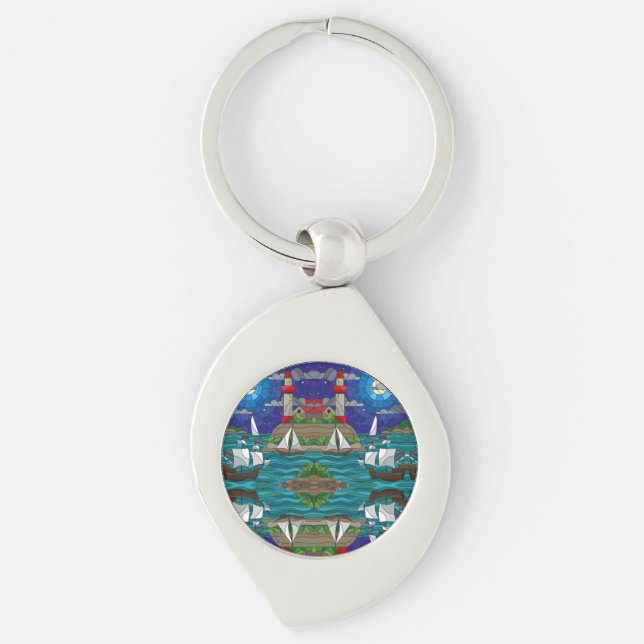 Sea Red Lighthouse Sailing Ships Shore Starry Sky  Keychain (Front)