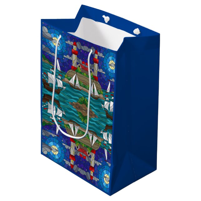 Sea Red Lighthouse Sailing Ships Shore Starry Sky  Medium Gift Bag (Front Angled)