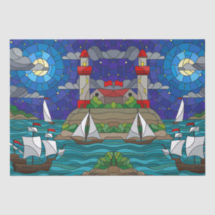 Sea Red Lighthouse Sailing Ships Shore Starry Sky  Tissue Paper
