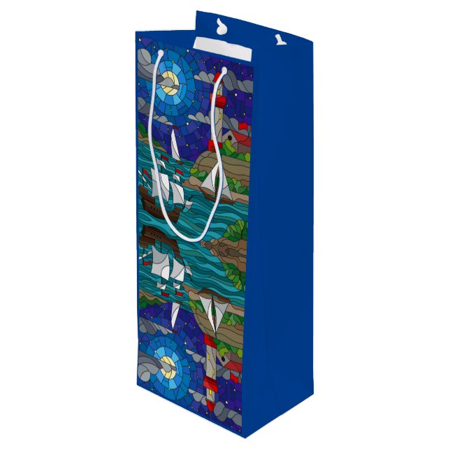 Sea Red Lighthouse Sailing Ships Shore Starry Sky  Wine Gift Bag (Back Angled)