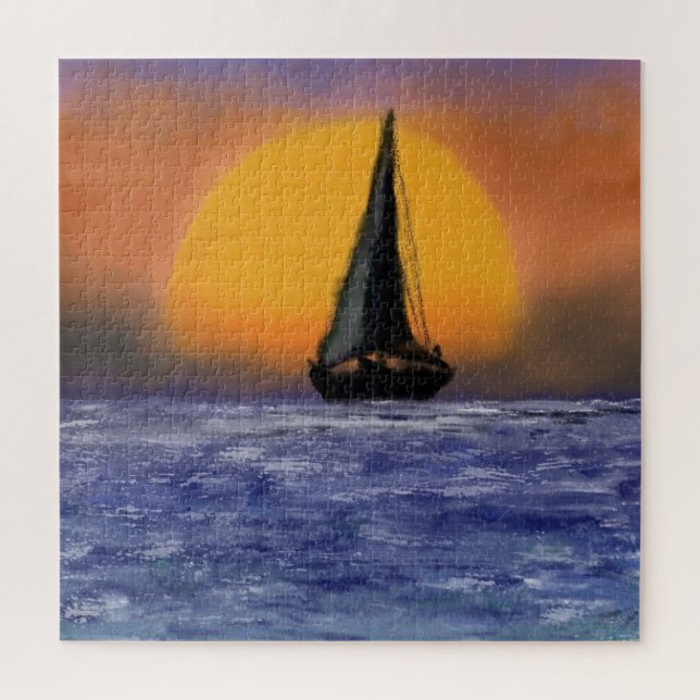Sea Sailboat Sunset Jigsaw Puzzle Watercolor Art (Vertical)