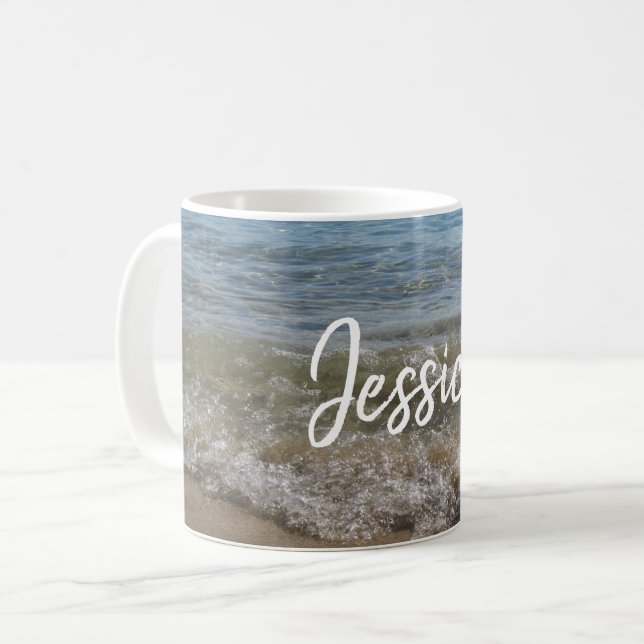 Sea & Sand Beach Waves Personalized Name  Coffee Mug (Front Left)