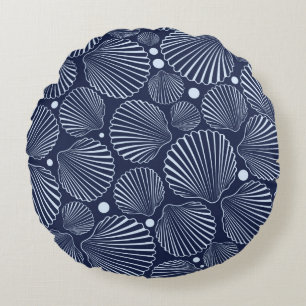 Sea seamless pattern with blue shells. Summer back Round Pillow