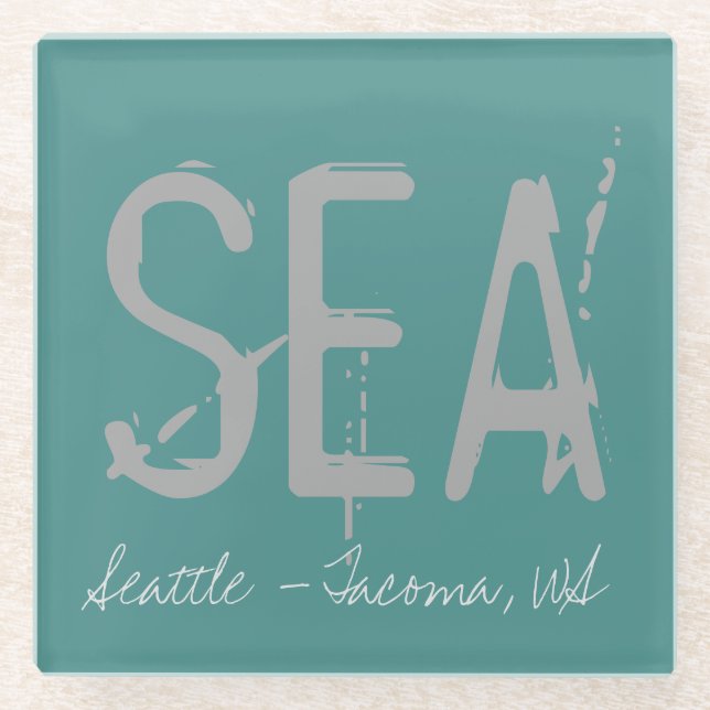 SEA Seattle Airport Code Typography Glass Coaster (Front)