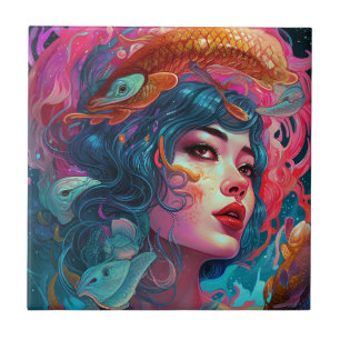 Sea Serpent Hair Lady Fantasy Art Tile