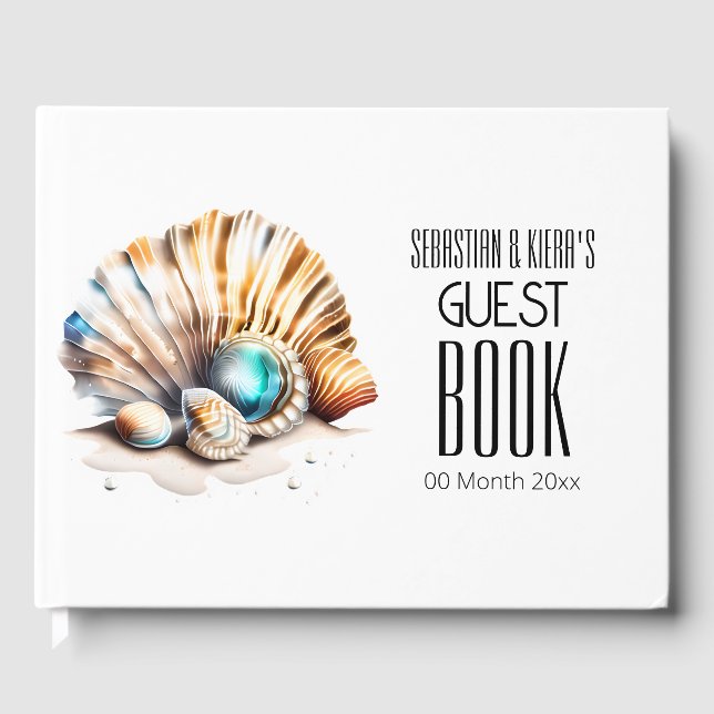 Sea shell 3D iridescent nautical beach seashells Guest Book (Front)