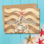 Sea Shell Christmas Tree in Sand Flat Holiday Card<br><div class="desc">Sea shells and a red starfish form a Christmas tree in the sand on these flat,  non-photo cards and have your personalized greeting and names on the back. Select Matte for heaviest paper and high definition for best print quality.</div>