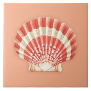 Sea Shell - coral orange and white Tile