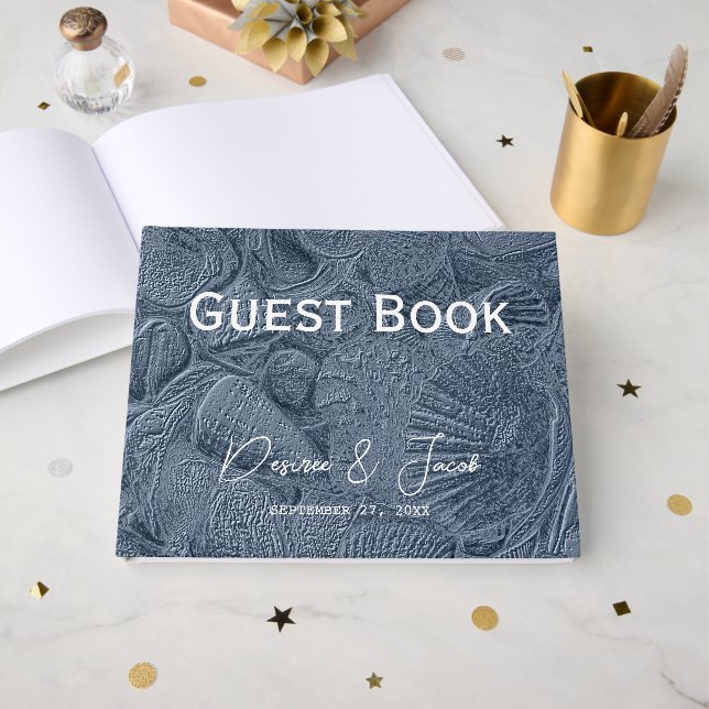 Sea Shell Dark Dusty Blue Modern Coastal Beach Guest Book (Front Open)